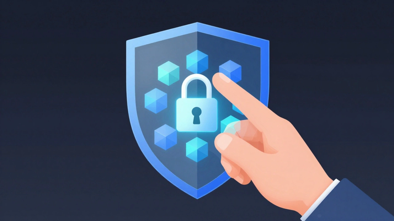 Illustration of holographic security shield over blockchain nodes