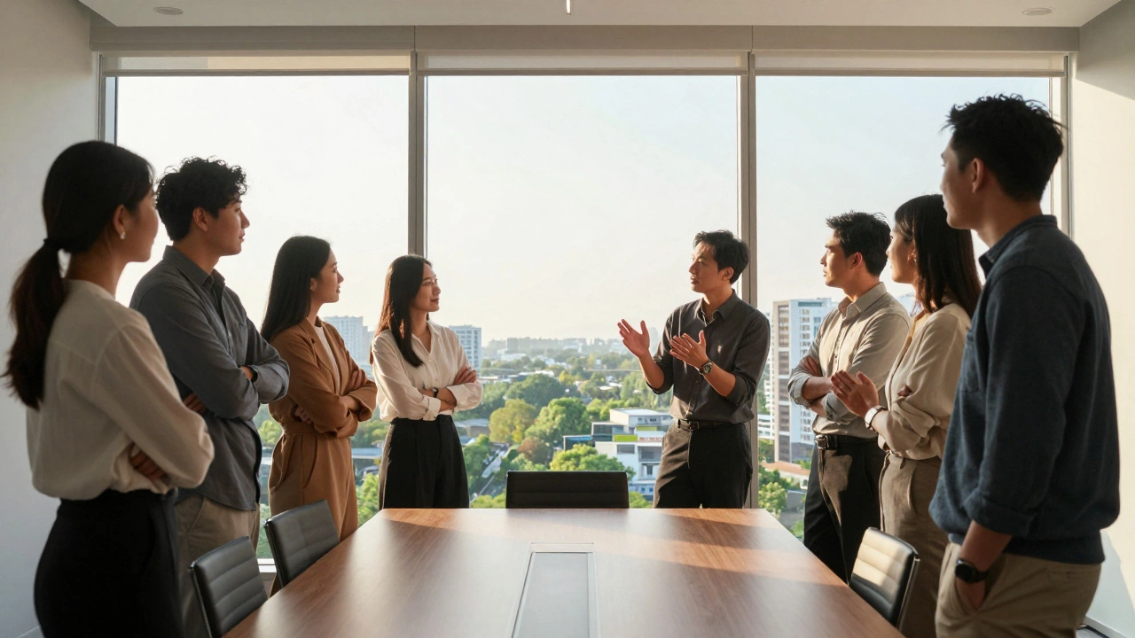 Investors and founders discussing strategy in a sunlit modern office overlooking a city.