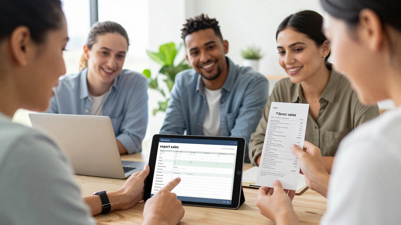 Small business owners reviewing a GST return on a tablet, with a shipping receipt indicating export sales.