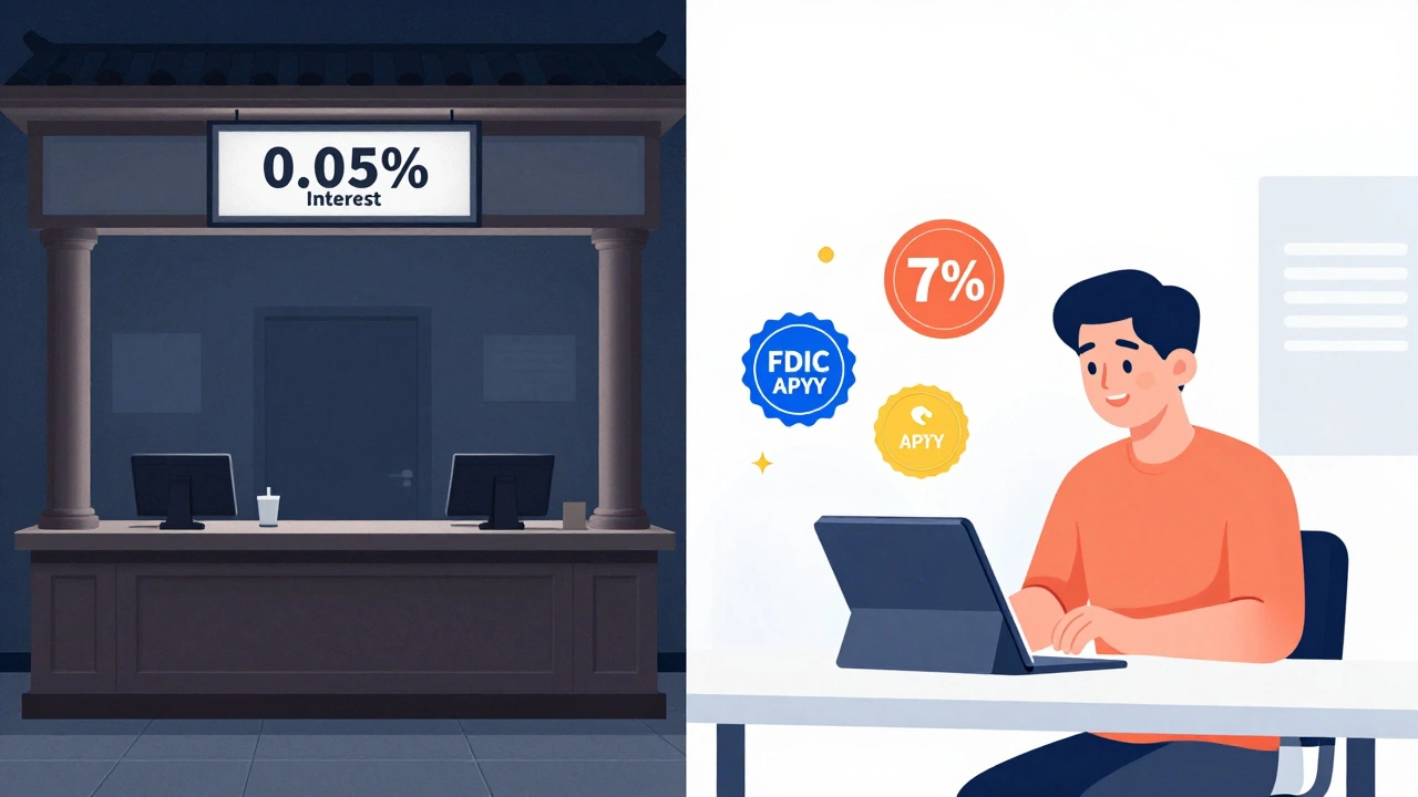Split scene: traditional bank with low interest vs. modern home setup earning 7% APY online.