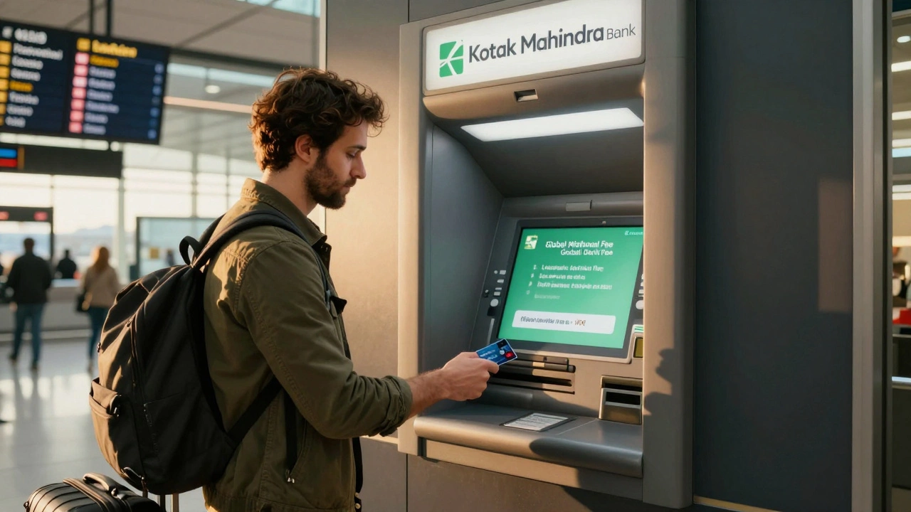 Traveler withdrawing cash from ATM using Kotak NRI debit card in London airport.