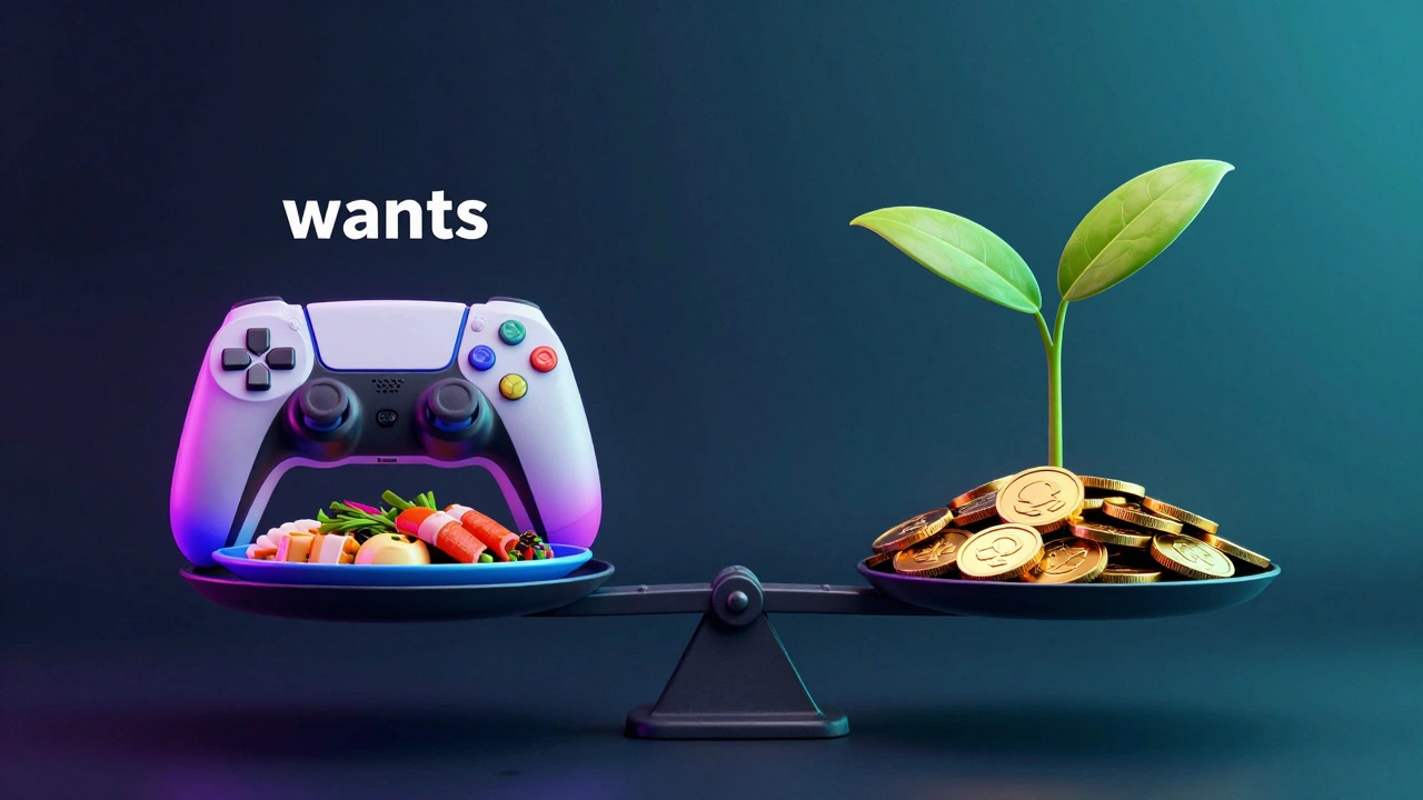 A balanced scale comparing luxury items with a growing plant made of gold coins.