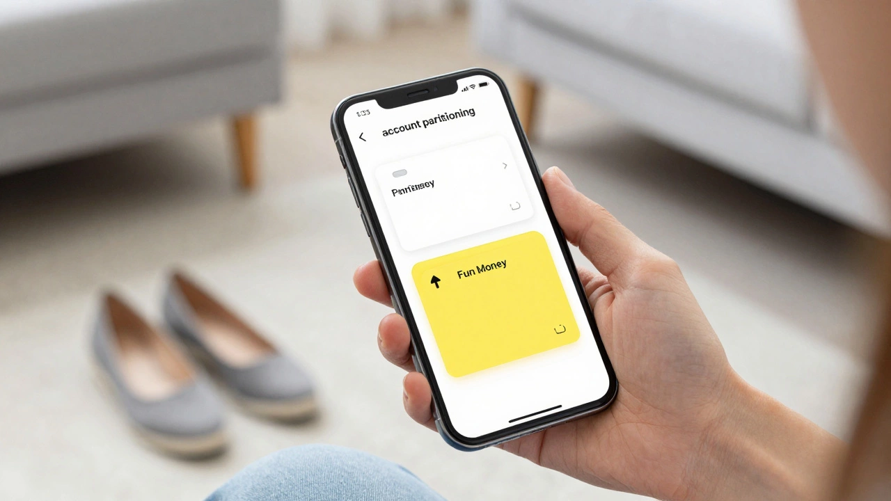 A hand holding a smartphone showing a separate digital vault for fun money spending.