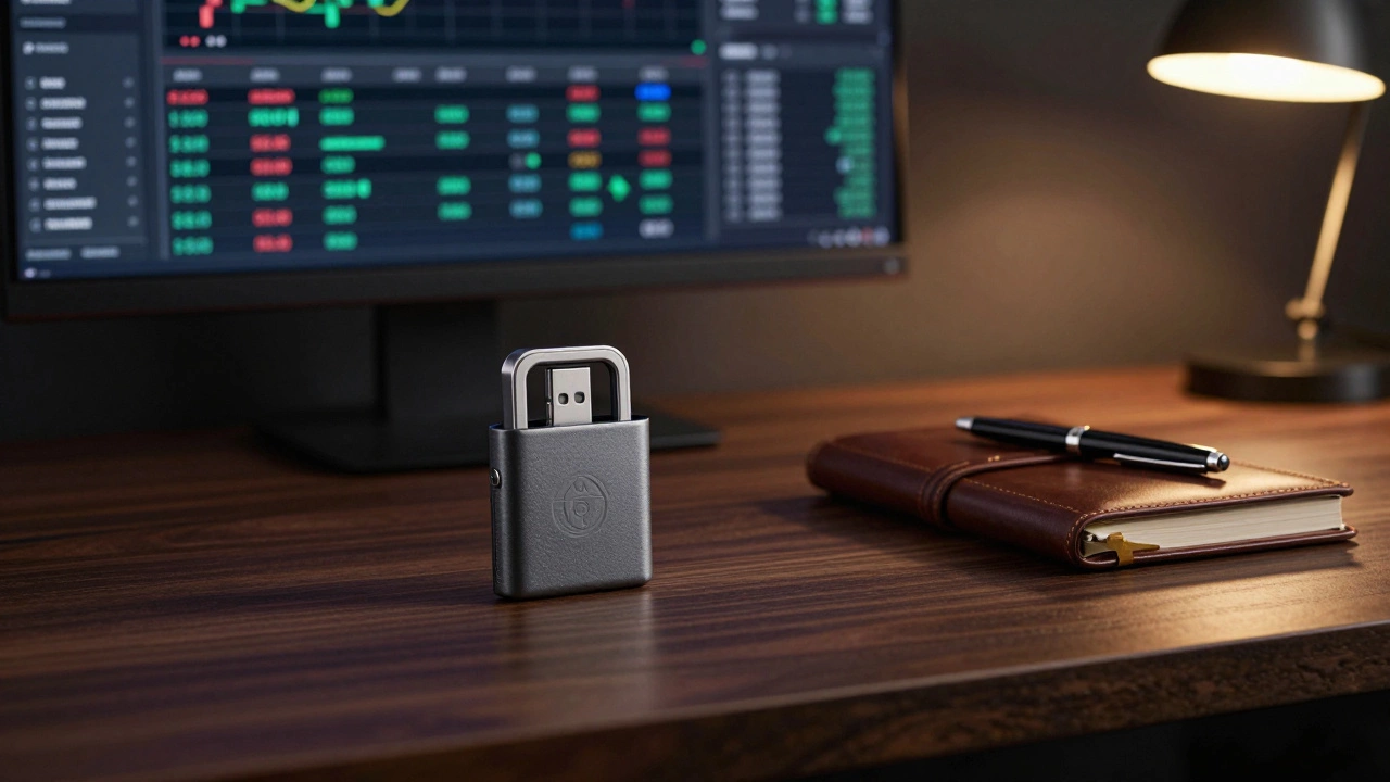A hardware wallet and a trading journal on a desk, symbolizing security and discipline.