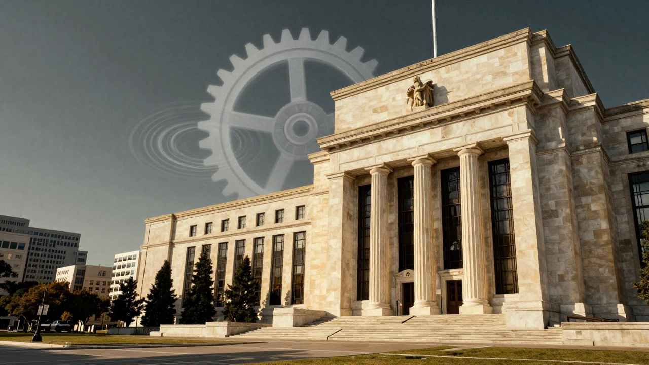 A large central bank pillar with gears symbolizing the Federal Reserve's impact on interest rates.