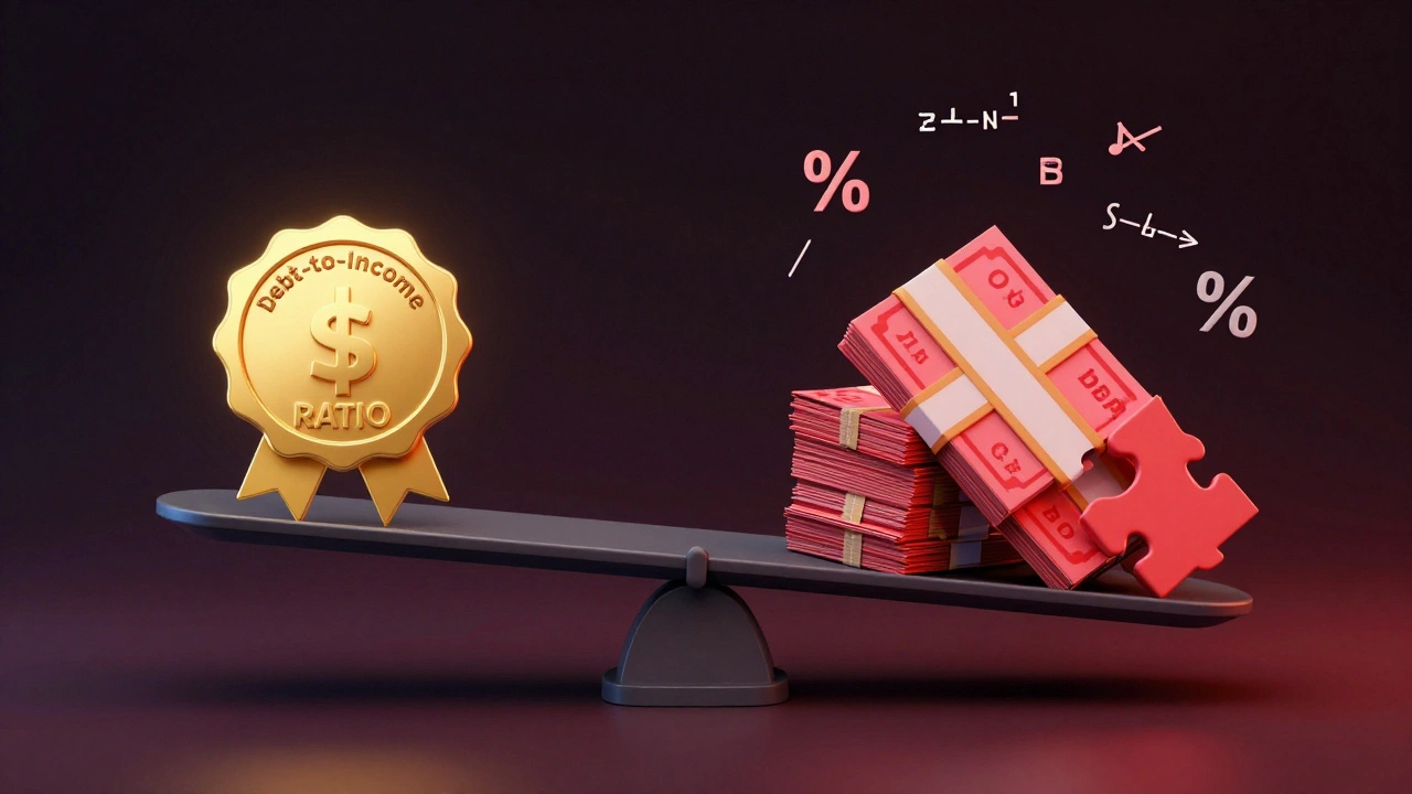 A scale balancing a gold credit score against a heavy stack of debt and bills.