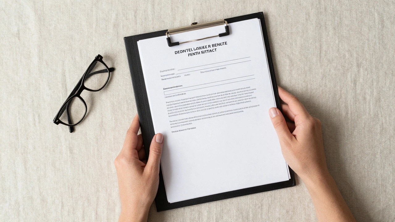 Close-up of hands organizing official documents and a death certificate in a folder