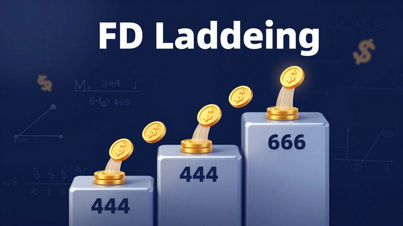 Conceptual 3D image of golden coins on ascending steps representing an FD laddering strategy.