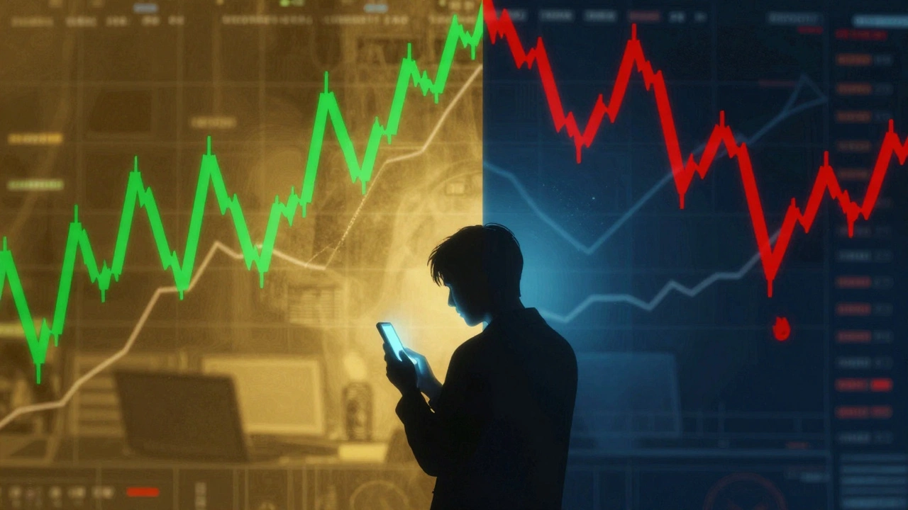 Conceptual art showing the contrast between market euphoria and panic during crypto trading.