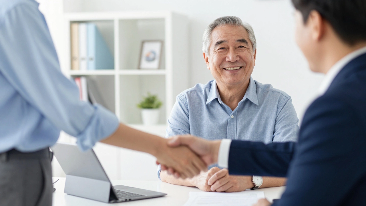 Retiree shaking hands with a tax professional in a bright, modern office.