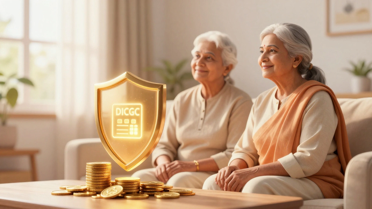 Senior Indian couple feeling secure with a golden shield symbolizing bank deposit insurance.