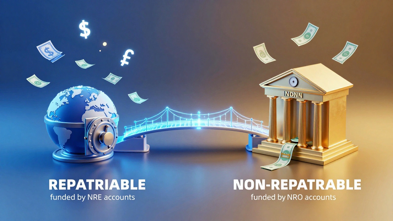 3D concept art illustrating repatriable vs non-repatriable fund flows for NRIs