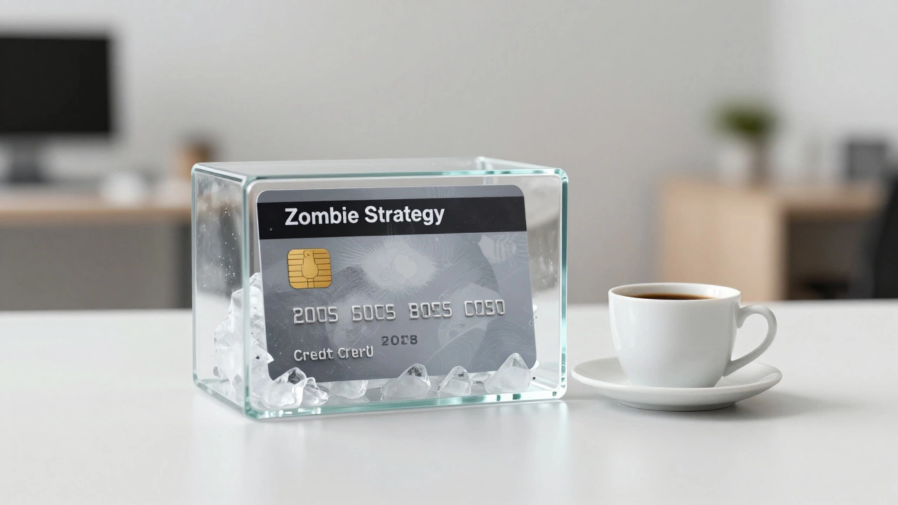 A credit card encased in ice next to a coffee cup, symbolizing the zombie strategy.