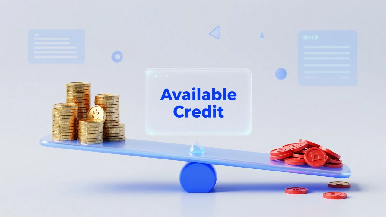 Abstract 3D graphic showing a scale balancing available credit against debt levels.