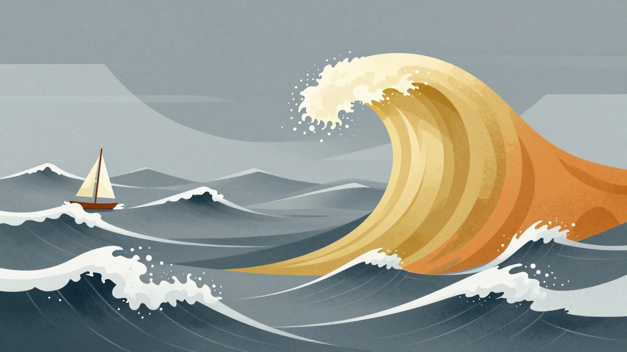 Abstract art showing calm golden waves vs choppy gray waters for market volatility.