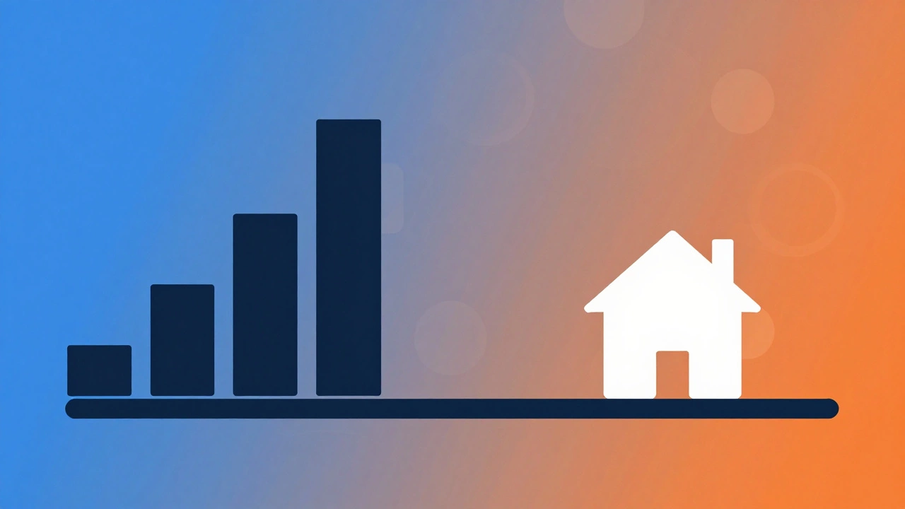 Abstract illustration comparing high vs low interest rate burdens on home loans.