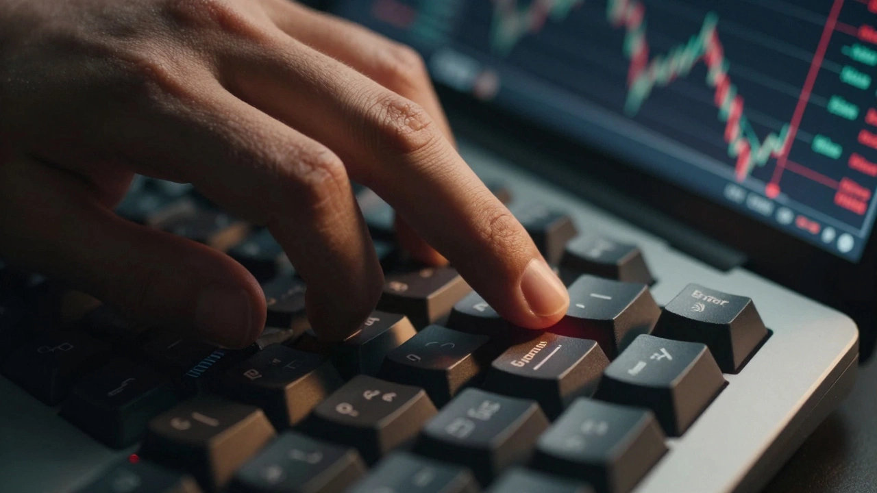 Close-up of hand pressing enter to execute a stop-loss trade