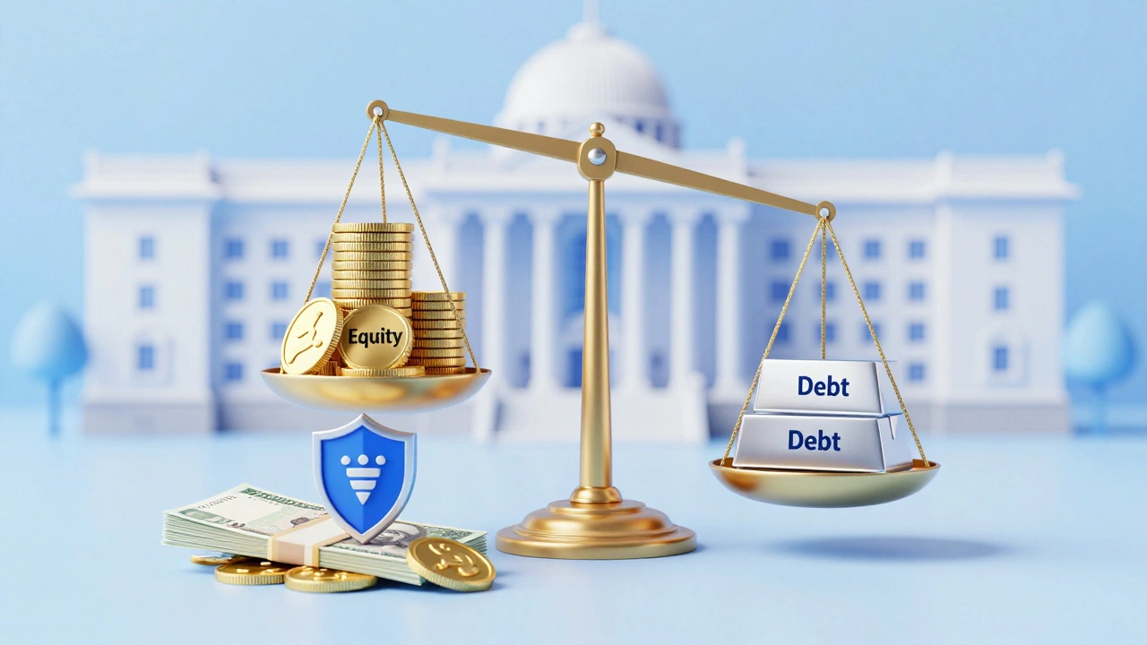 Conceptual scale comparing equity and debt costs with tax shield icon