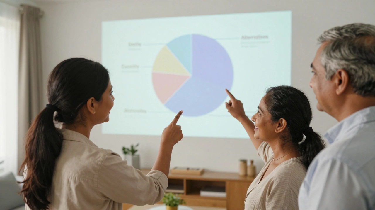 Diverse Indian investors reviewing a balanced portfolio projection