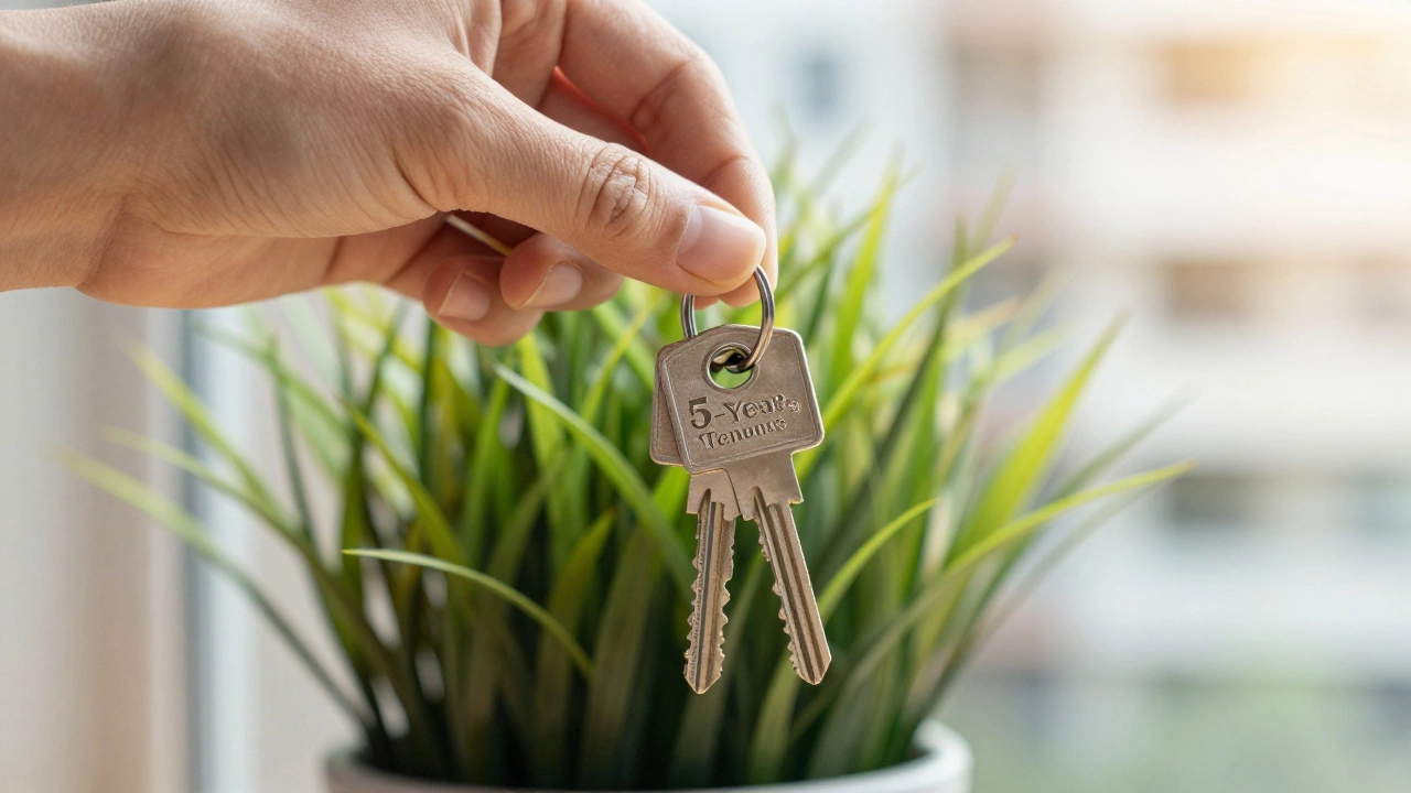Hand holding house keys over a plant, symbolizing debt-free home ownership.