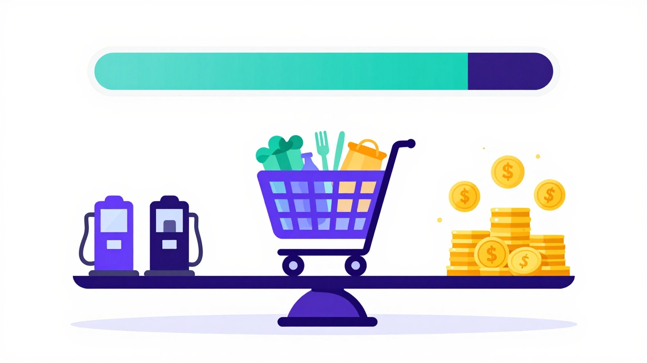 Illustration of a scale balancing shopping items with reward coins