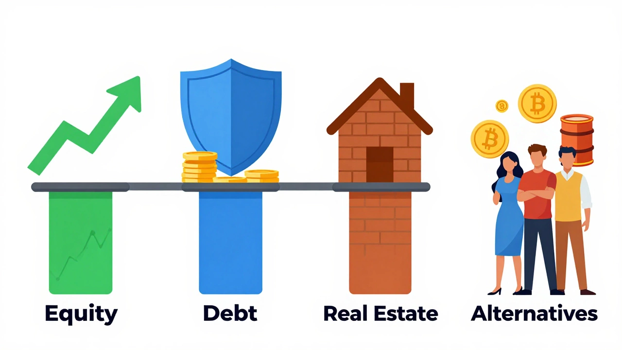 Illustration of four investment pillars: equity, debt, real estate, alternatives