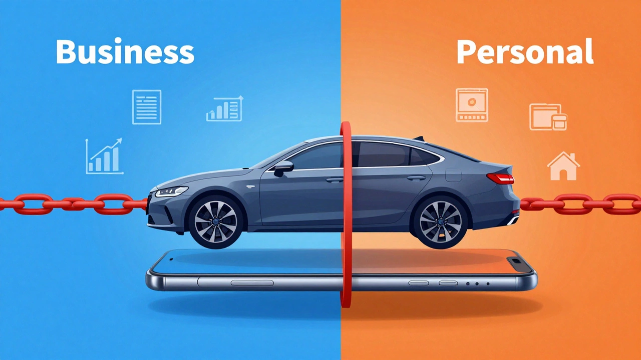 Split illustration separating business assets from personal luxury items