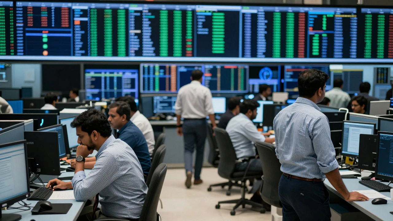 Traders pausing on a calm exchange floor during midday market lull.