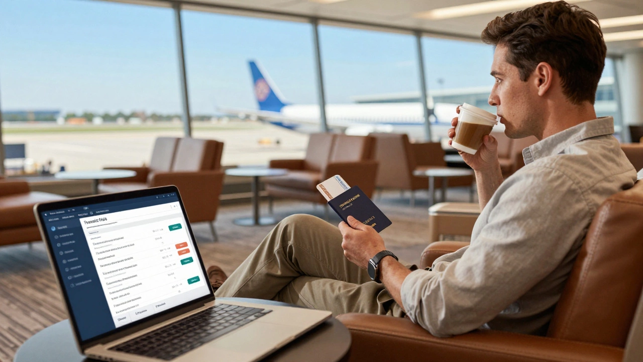 Traveler relaxing in a luxury airport lounge with boarding pass