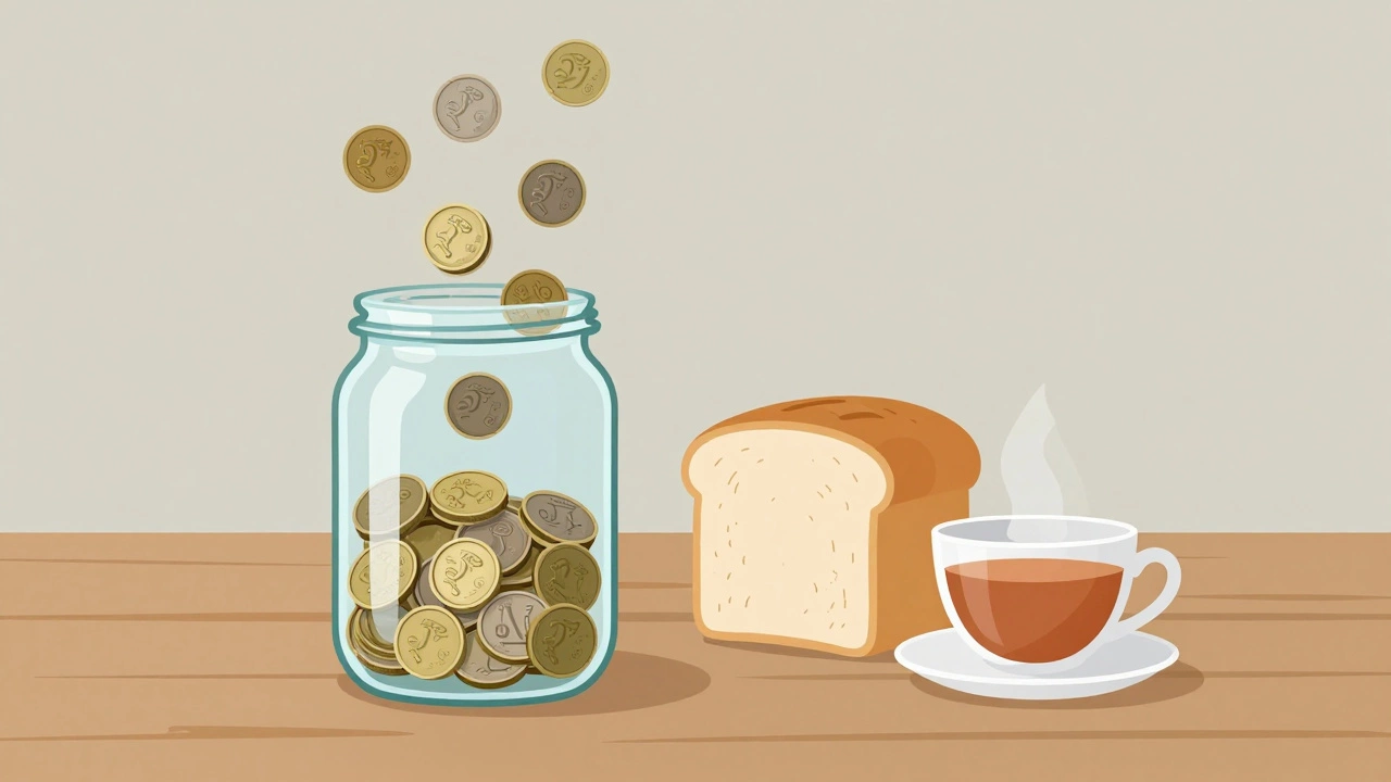 Coins in a jar fading away while grocery items grow, illustrating inflation impact.