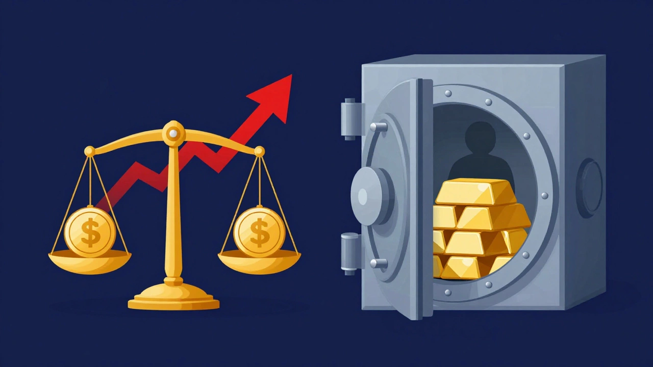 Conceptual art showing gold value vs interest costs and vault security