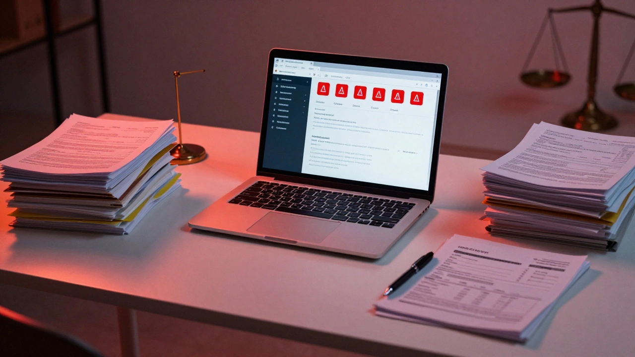 Desk with laptop showing compliance warnings and invoices