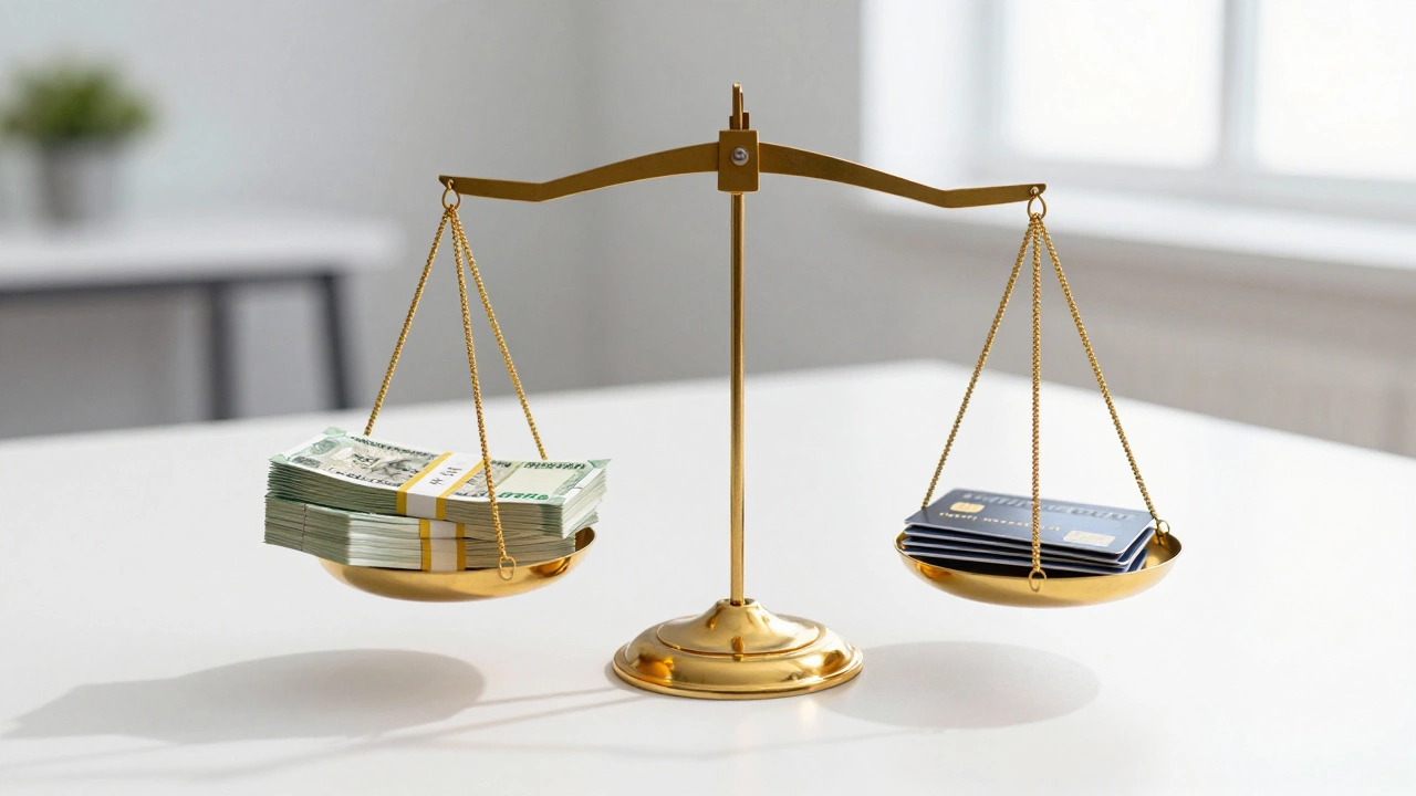 Golden scale balancing Indian Rupee notes and credit cards on a white desk