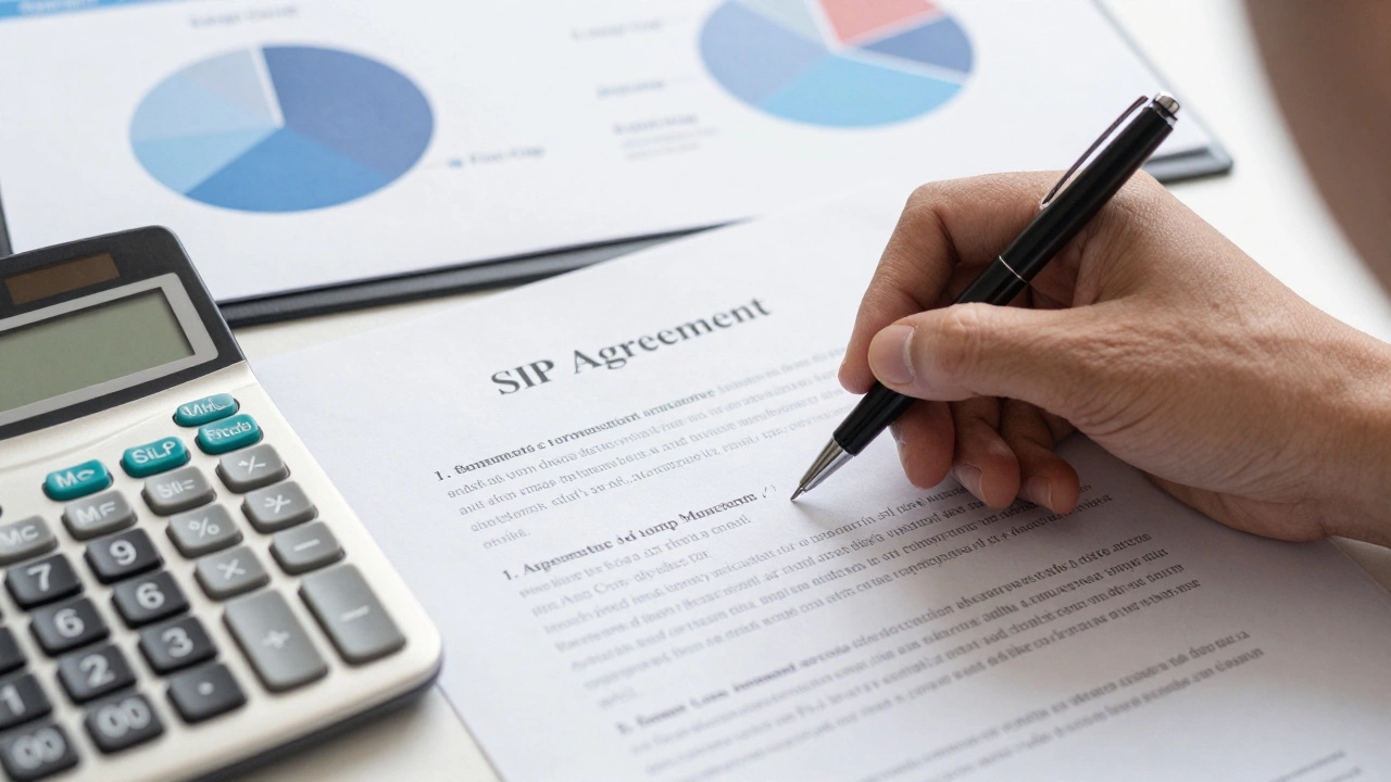 Hand signing an investment agreement with financial documents nearby