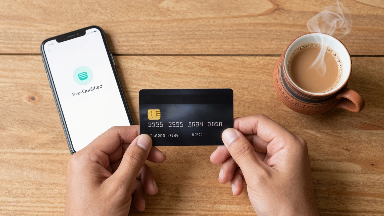 Hands holding credit card next to pre-qualification phone alert and masala chai