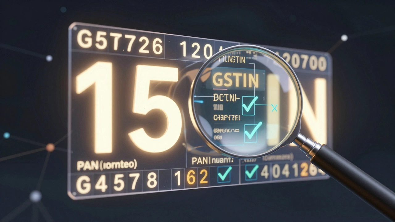 Magnifying glass inspecting glowing GSTIN code structure