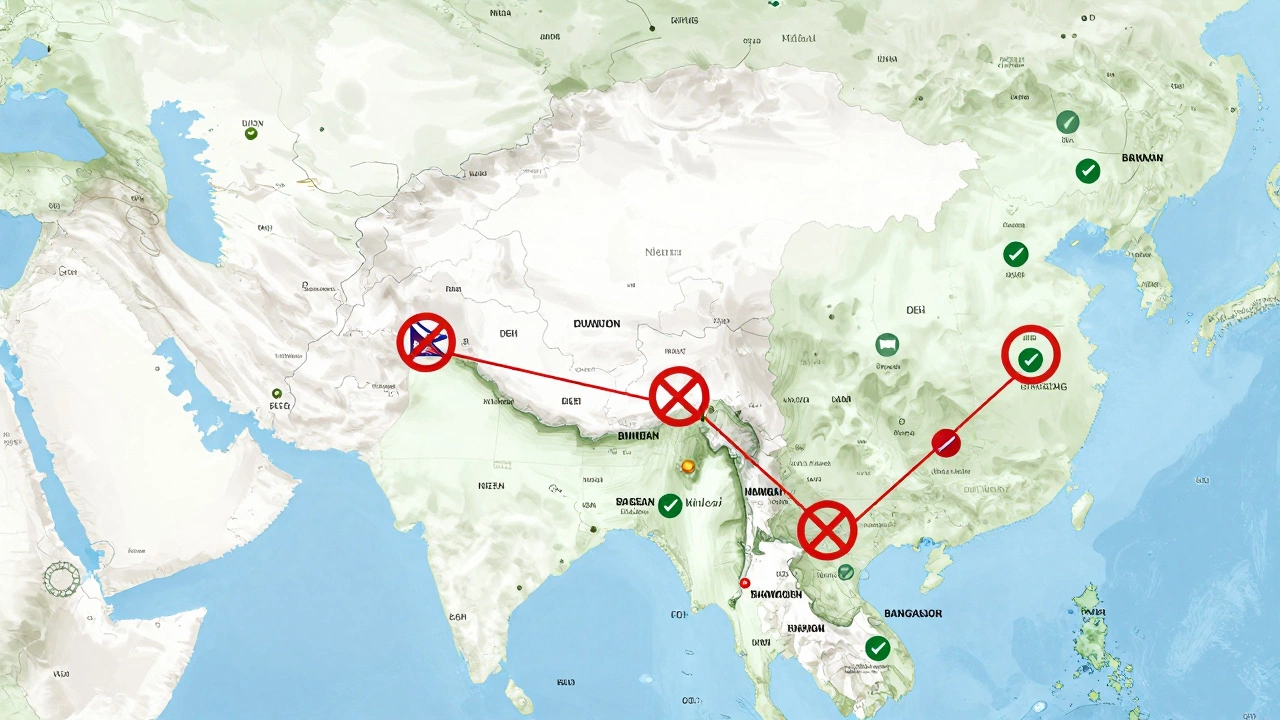Map showing land border restrictions for OCI card holders in India