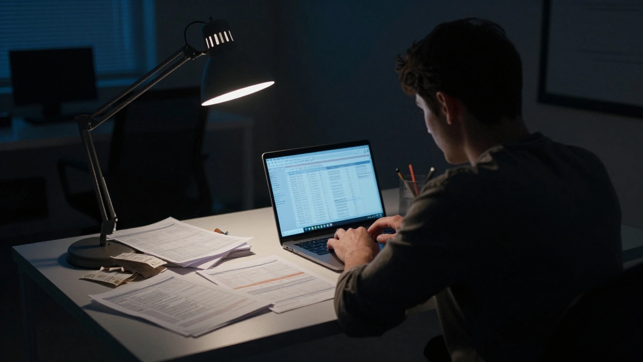 Person working late at desk with scattered tax papers under lamp