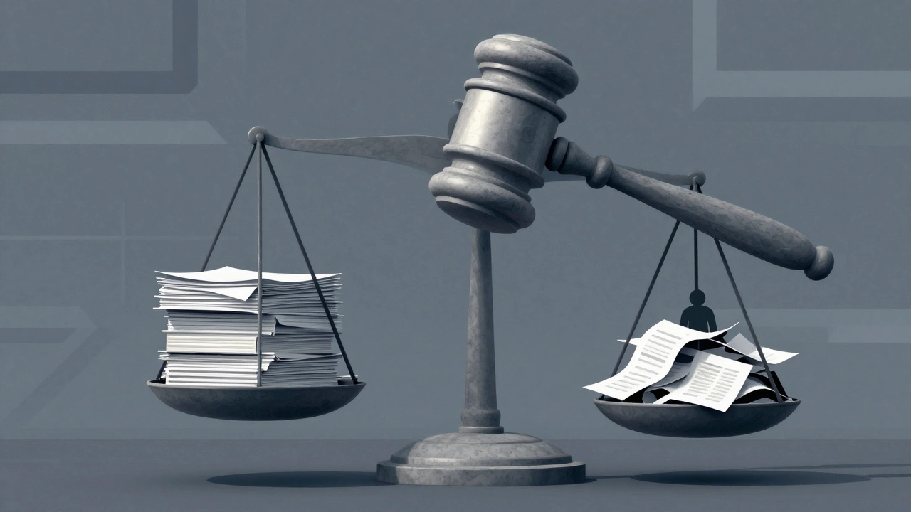 Stone gavel hovering over scales balancing files and chaos