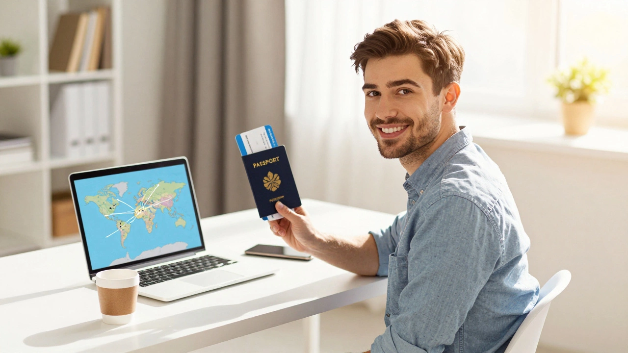 Traveler with passport and boarding pass planning a trip on a laptop.