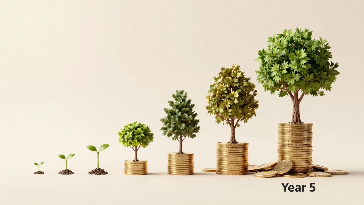Visual metaphor of seeds growing into golden trees representing compounding