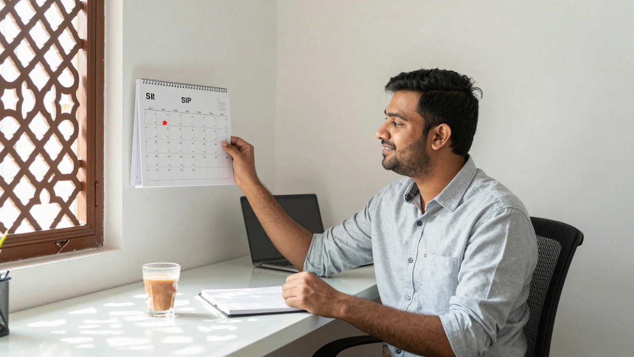 Young Indian investor marking a calendar, representing consistent monthly SIP habits.