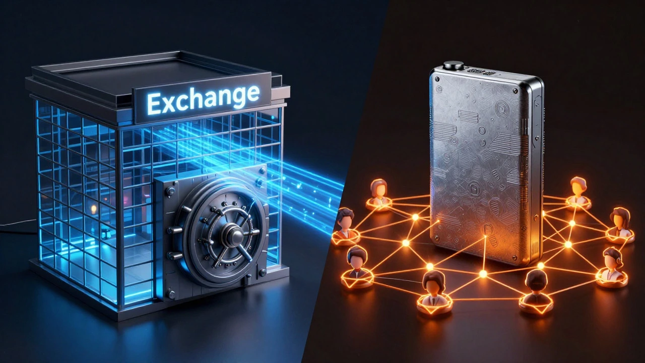 Digital art comparing centralized exchange withdrawals versus decentralized self-custody wallet methods
