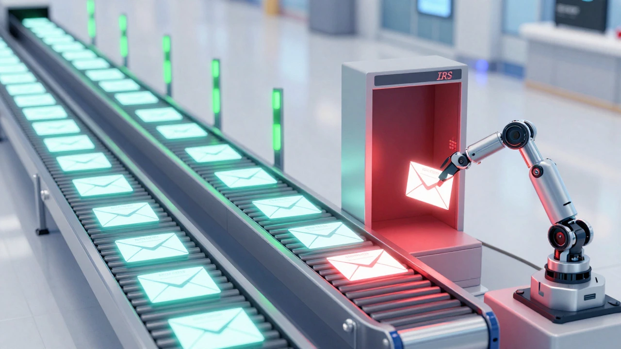 Digital art of tax returns being screened by automated systems like airport security