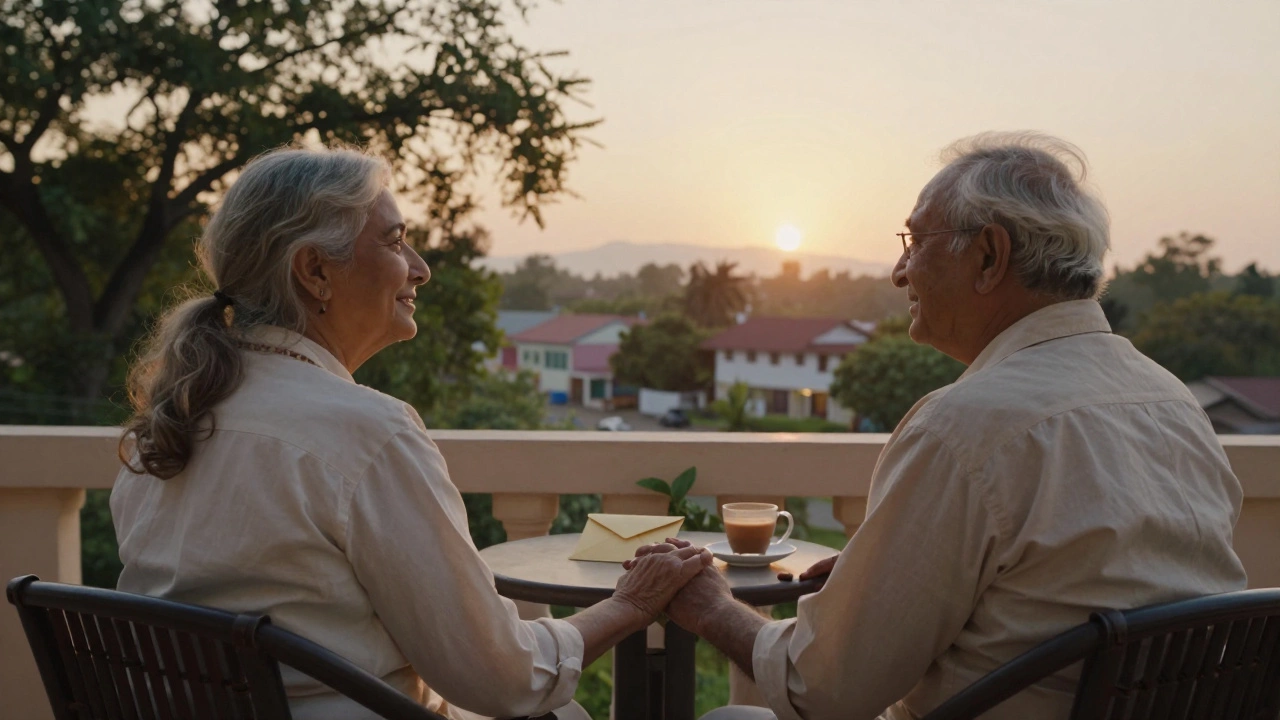 Elderly Indian couple enjoying peaceful retirement on a balcony