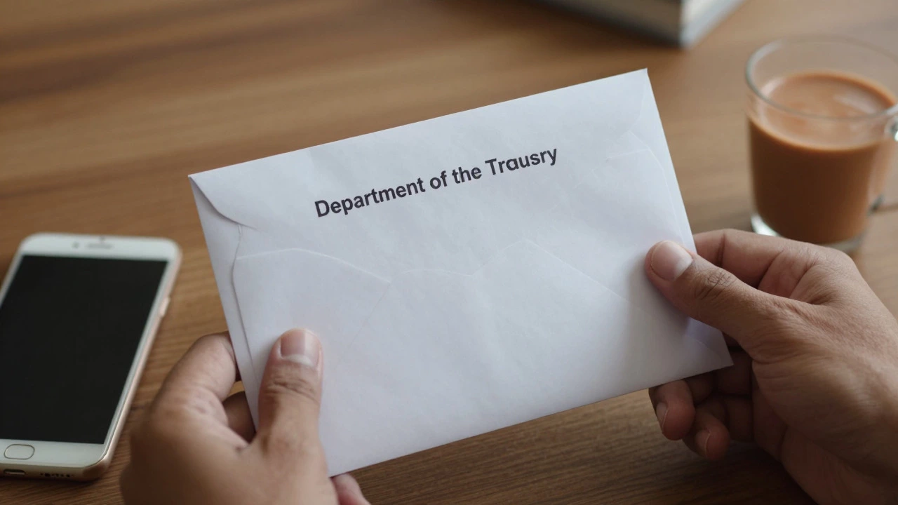 Hand holding a sealed government letter on a table with chai tea nearby