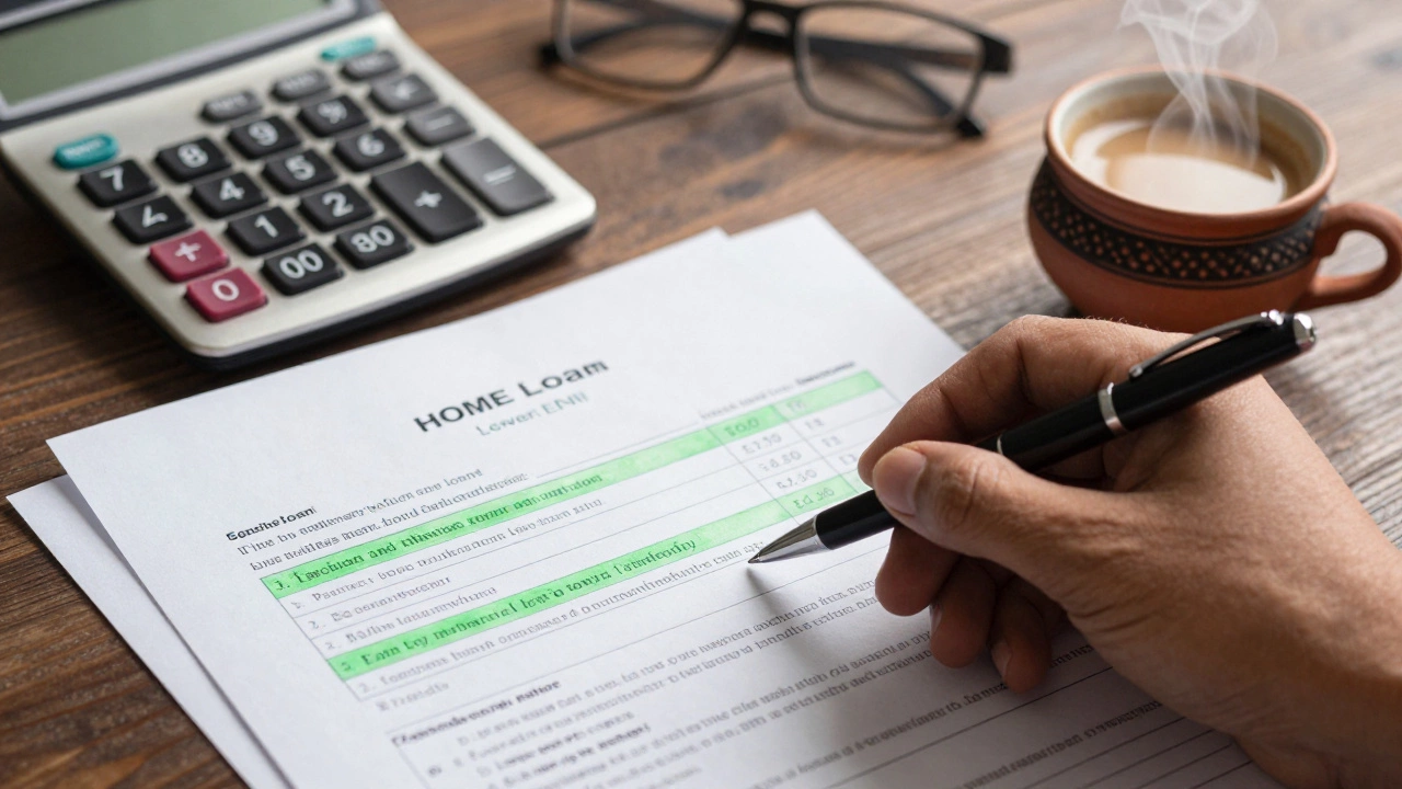 Hand reviewing loan documents with chai, highlighting lower EMI