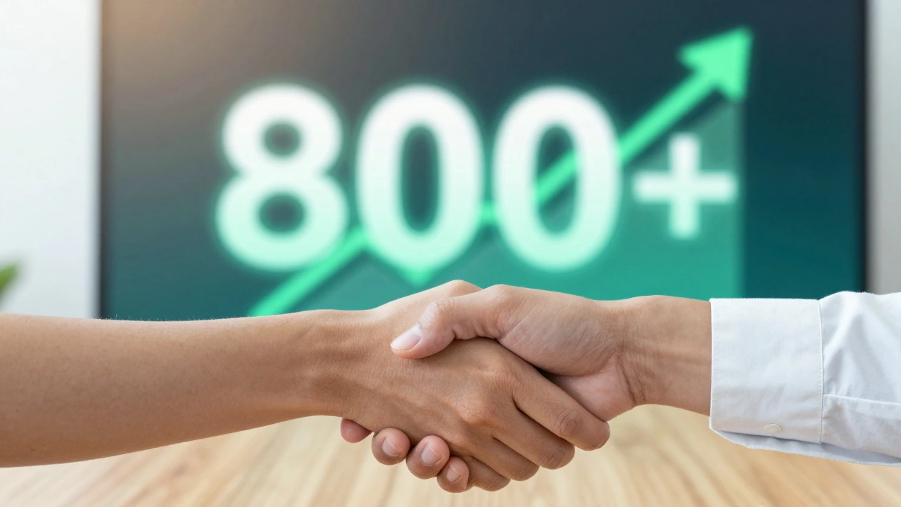 Handshake over a table with a background graphic indicating a high credit score