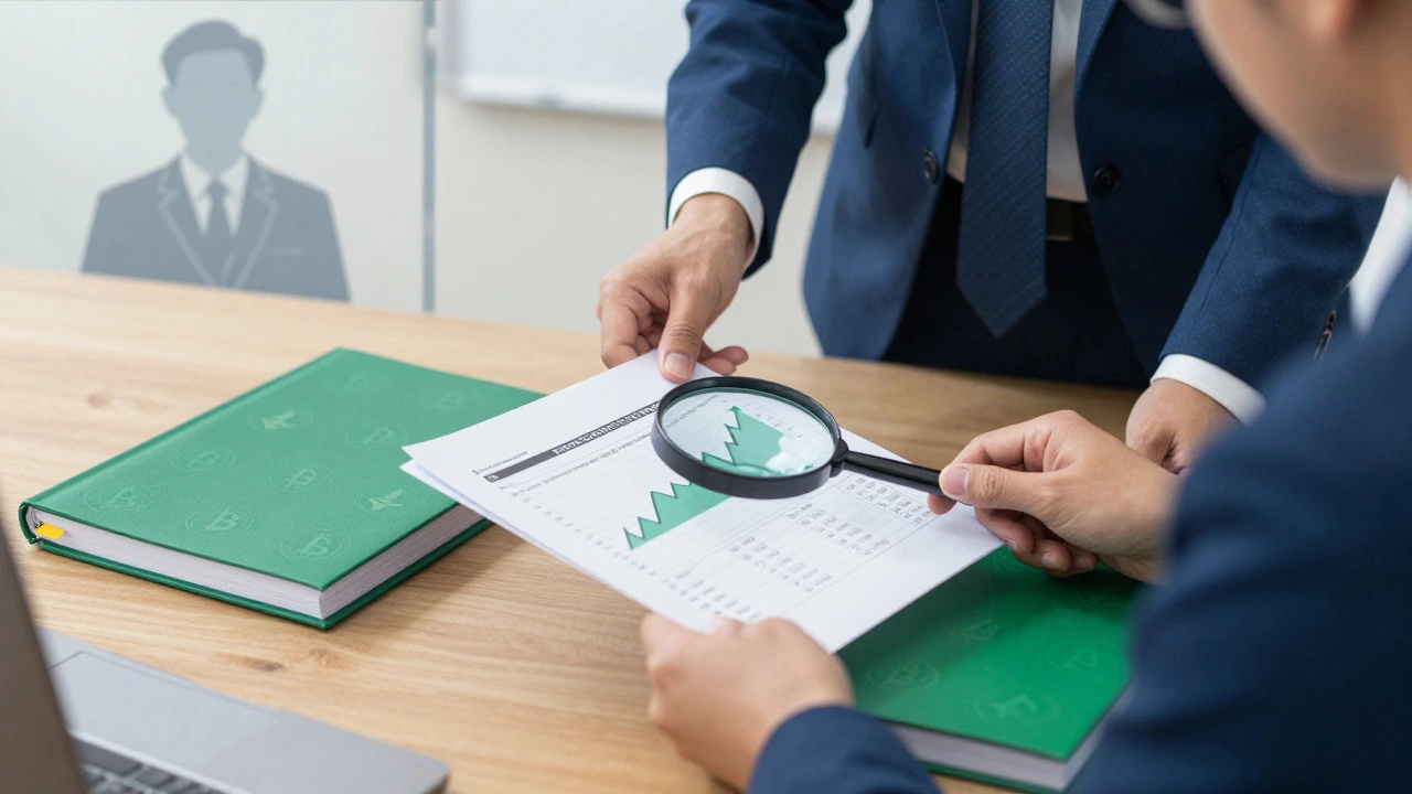 Investor organizing crypto transaction records and tax documents under a magnifying glass