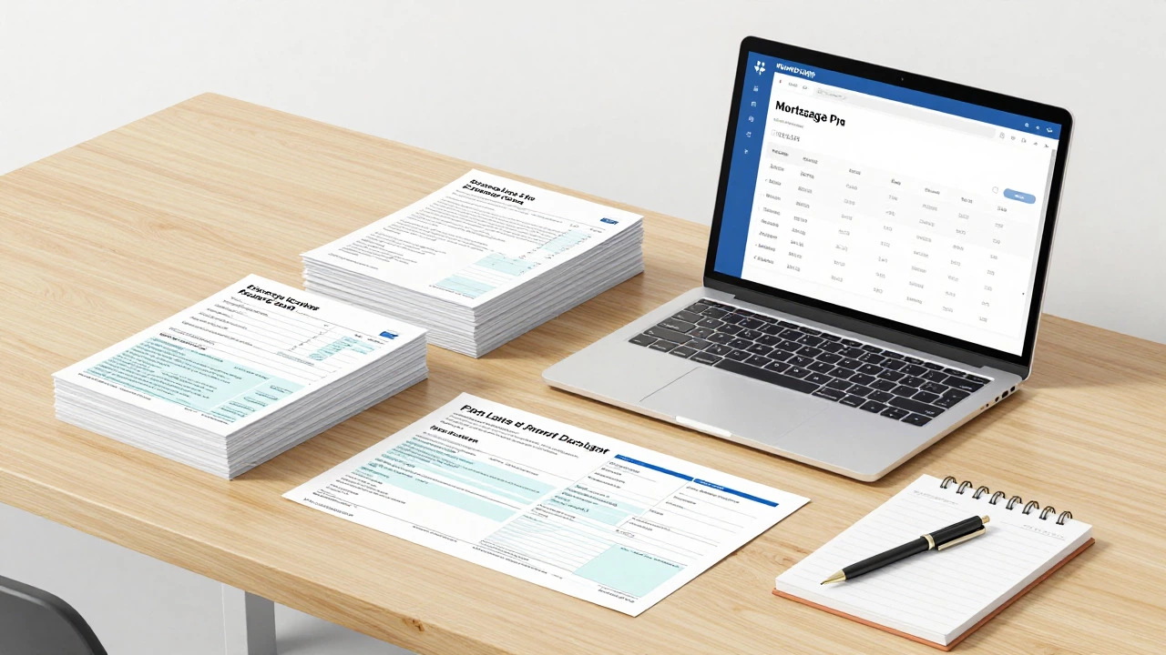 Organized financial documents and laptop on a desk symbolizing home loan preparation